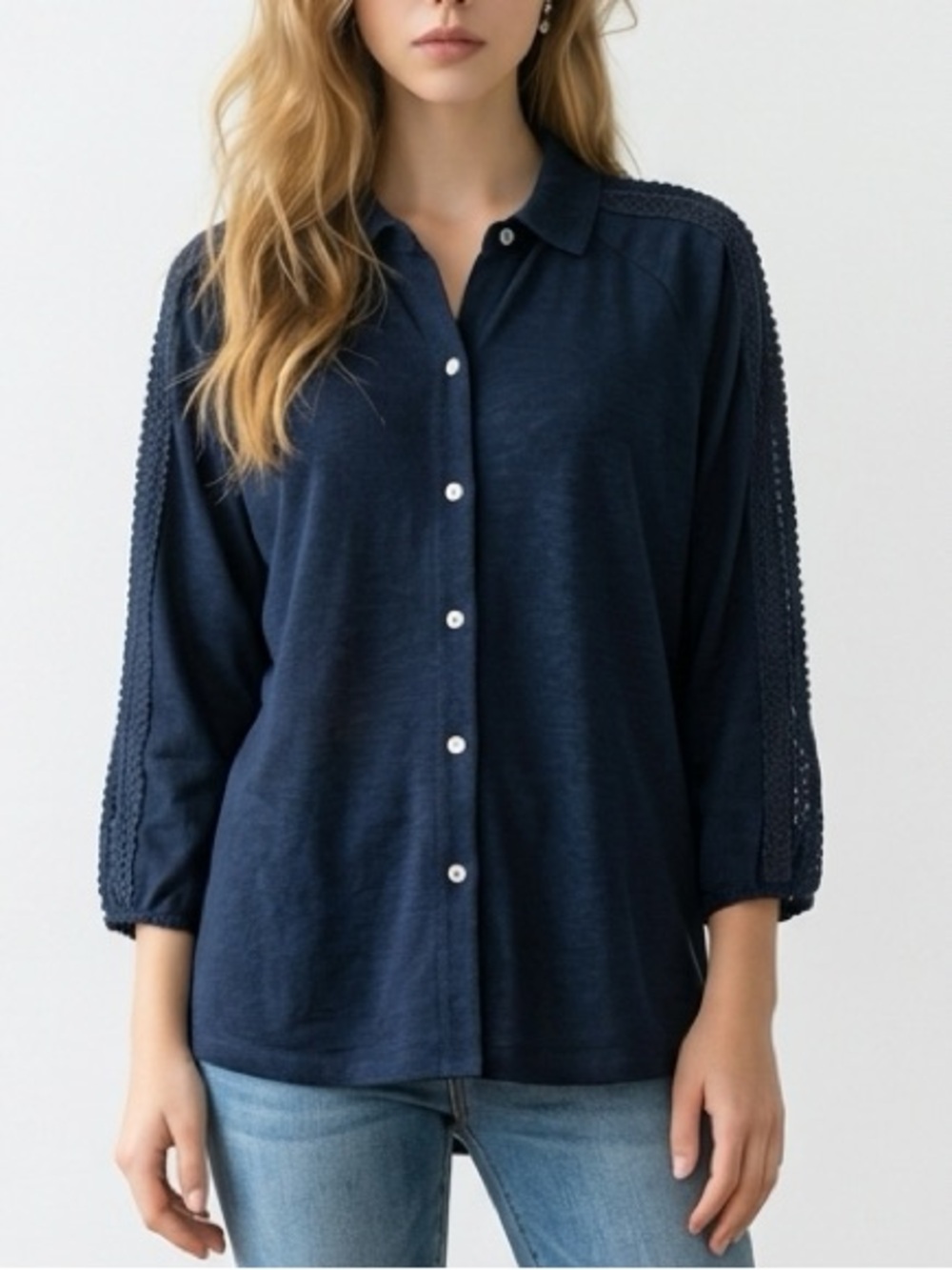 Chico's Navy Button-Front Shirt with Textured Sleeves